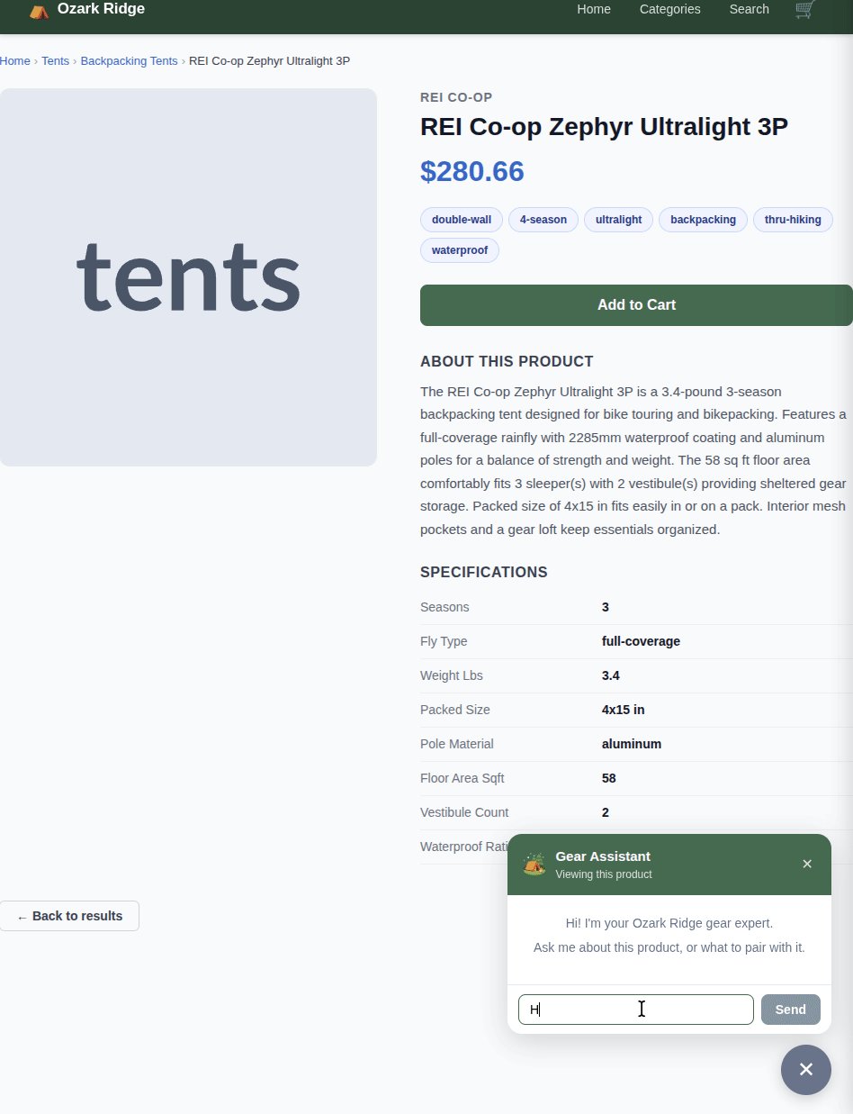Chat widget demo showing product question and cross-product recommendation