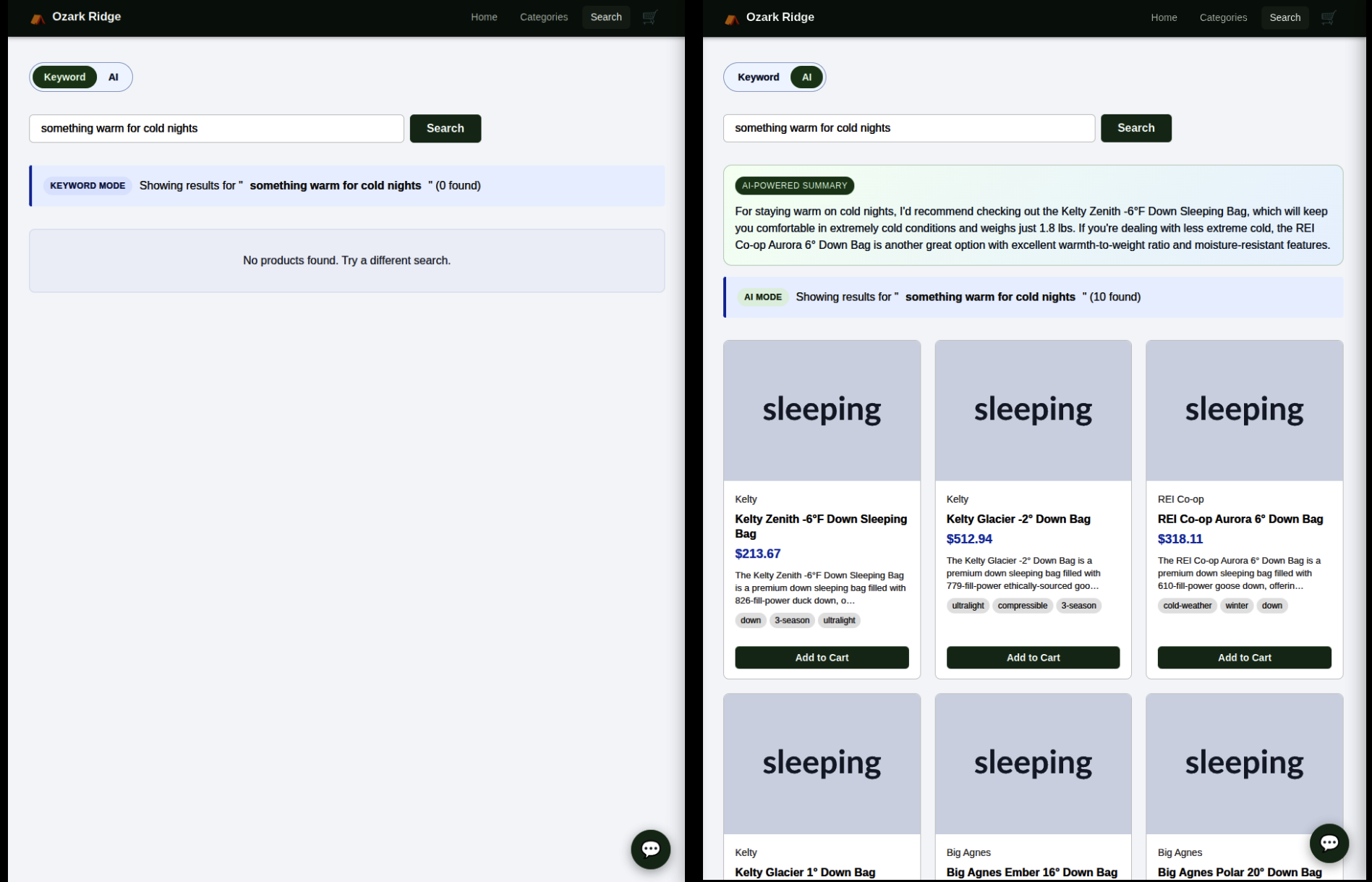 Side-by-side comparison of keyword search vs AI search